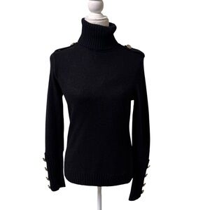 C by Bloomingdales Cashmere black SM turtleneck button trim minimalist sweater